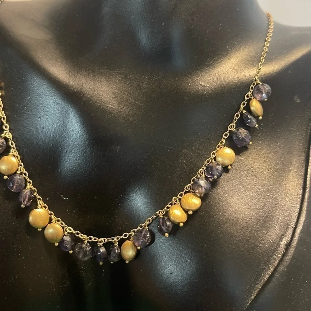Sterling silver gold plated purple crystal bead dangle necklace